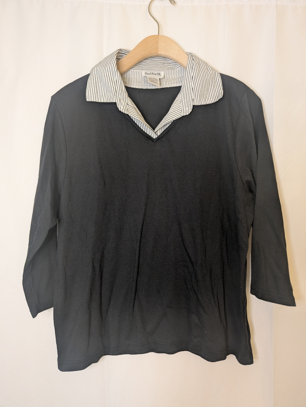 Vintage Black Women's V-Neck Top with Striped Collar